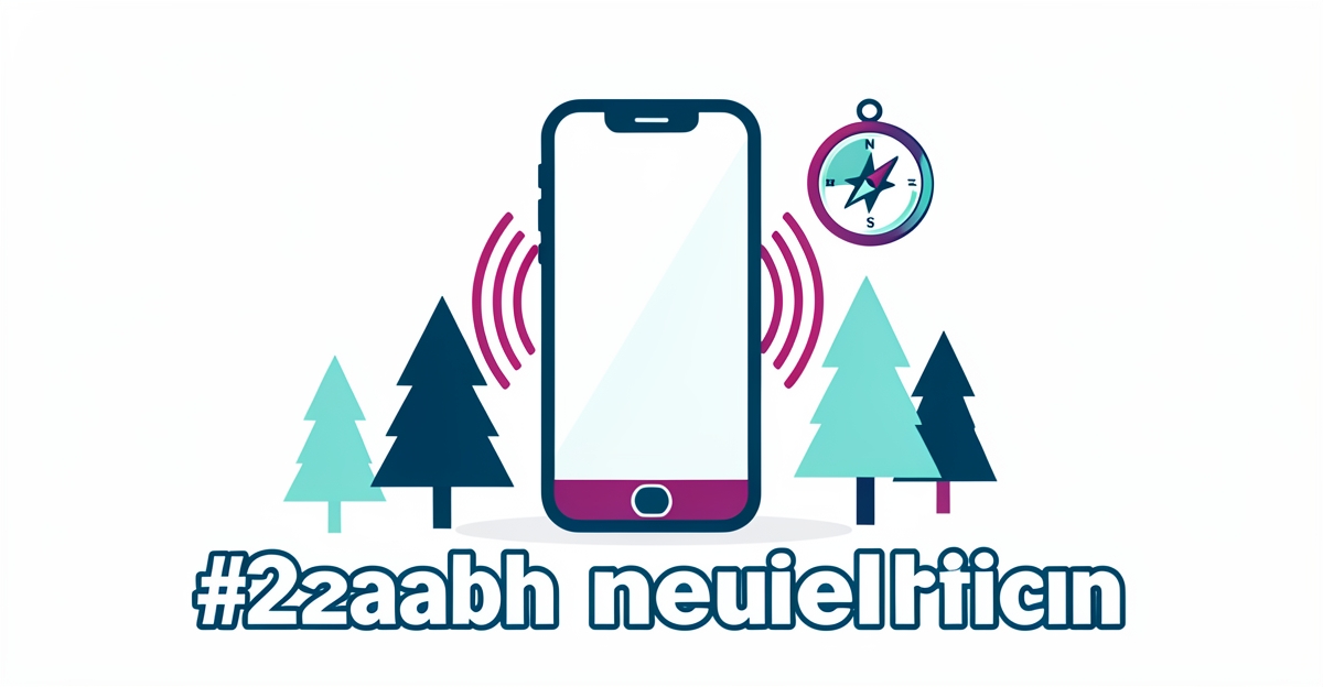 A minimalist flat illustration of a smartphone emitting sound waves, surrounded by pine trees and a compass, with the headline 'Never Miss a Call' in the lower third, using brand colors #2aabb6 and #d946ef as accents.