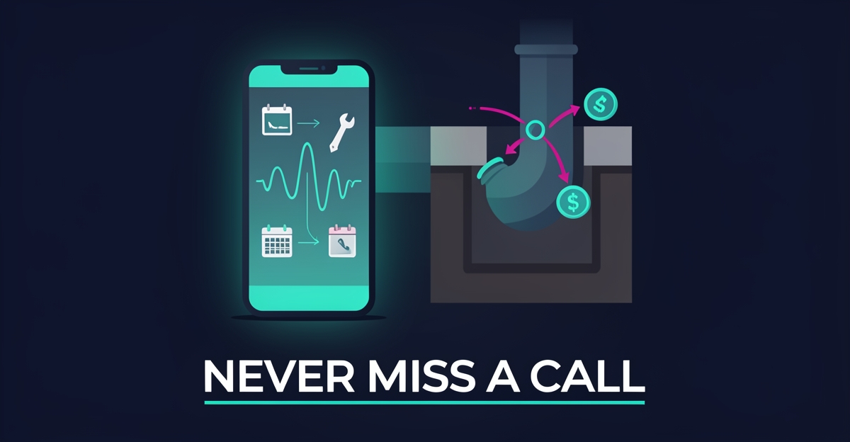 Flat illustration of a glowing smartphone routing after-hours sewer line calls to emergency and routine paths, accented in teal and magenta.