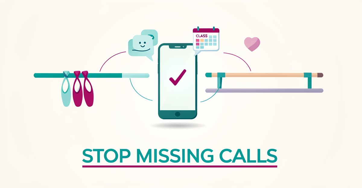 Flat illustration of a smartphone with AI assistant features linked to ballet barre studio icons, accented in teal and magenta.