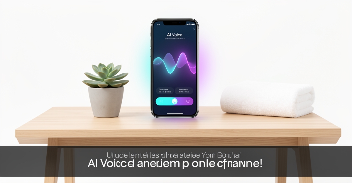 A minimalist flat illustration of a smartphone with AI voice interface on a desk, representing AI phone assistants for estheticians, with brand-colored accents and space for a headline.