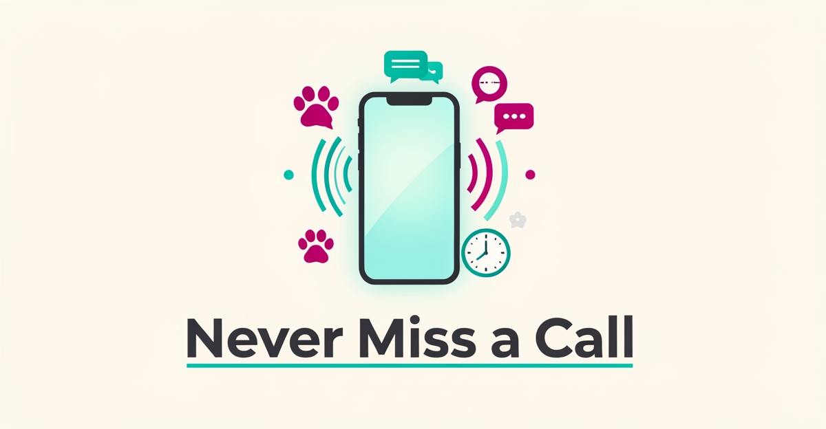 Flat illustration of a smartphone with radiating call waves and a paw icon, symbolizing 24/7 AI phone automation for emergency veterinary clinics.