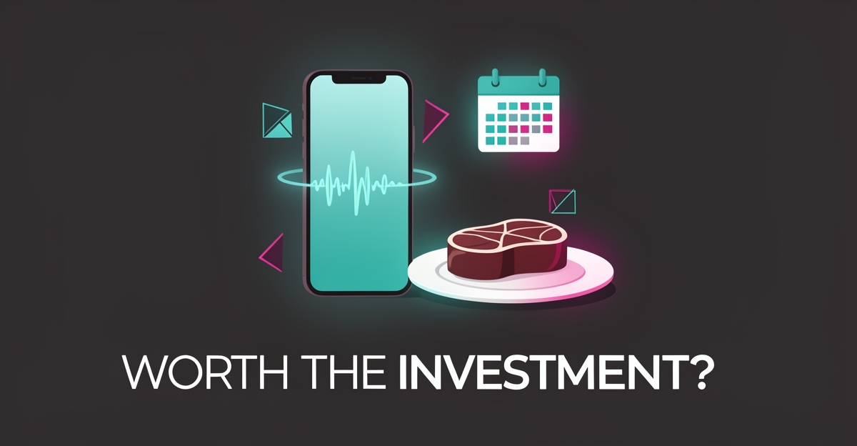 Flat illustration of a smartphone with AI voice waves beside a plated steak and calendar, symbolizing AI phone systems for steakhouses.