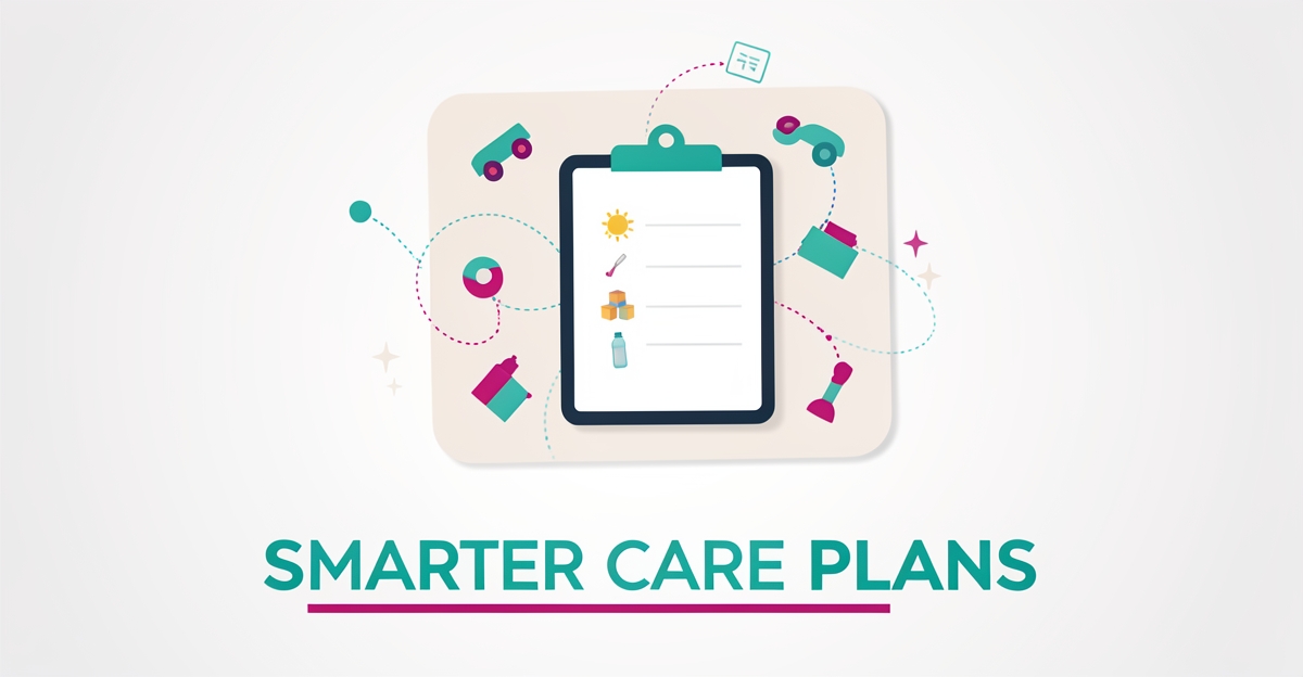 Flat illustration of a tablet displaying an AI-generated daycare care plan connected to playful childcare icons in teal and magenta.