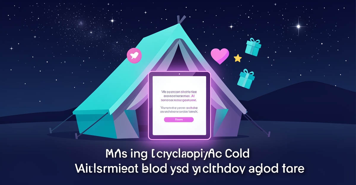 A minimalist flat illustration of a glowing glamping tent at night with a tablet displaying an AI-generated guest message, symbolizing personalized follow-ups that drive repeat bookings and reviews.