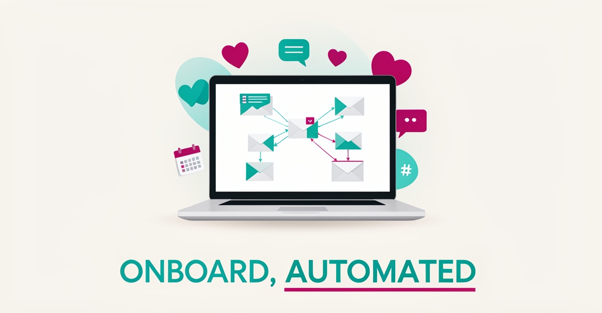 Flat illustration of a laptop running automated email onboarding flows for therapy center parents, accented in teal and magenta.
