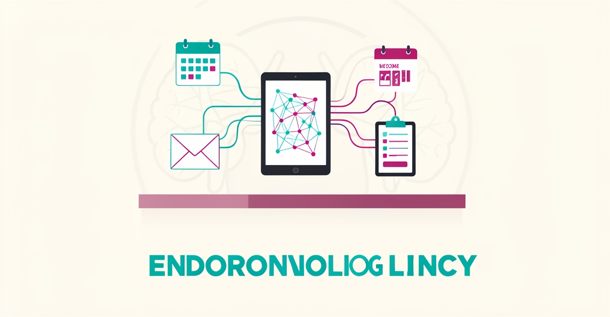 Flat illustration of a clinic tablet with AI network lines linking scheduling, email, and clipboard icons in teal and magenta.
