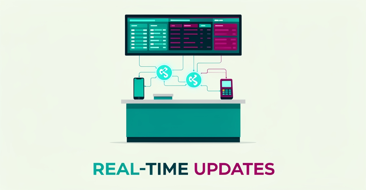 Flat illustration of a concession stand with a digital menu board syncing real-time updates to a phone and POS system in teal and magenta.