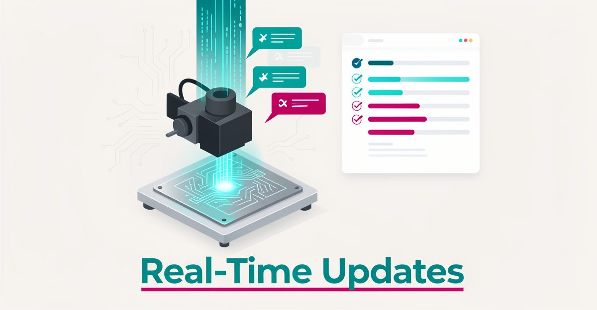Flat illustration of a laser engraving machine sending AI-powered real-time project updates to a digital dashboard in teal and magenta.