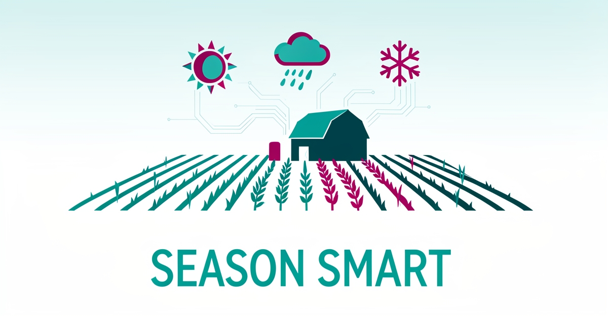 Flat illustration of farmland with AI weather and season icons in teal and magenta, headlined Season Smart.
