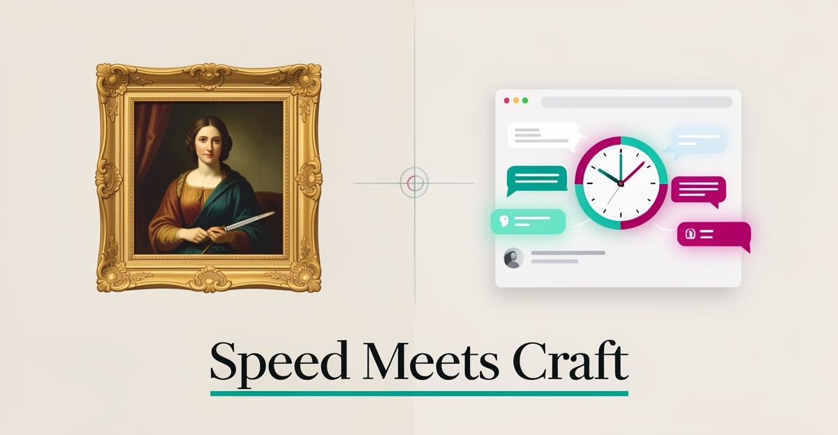 Flat illustration of an art restoration frame paired with AI chat and clock icons, symbolizing fast automated lead response with a human touch.
