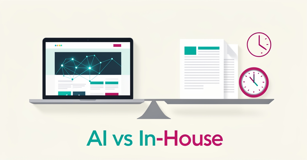 Flat illustration comparing an AI-powered website on a laptop against traditional paper-based in-house development, with teal and magenta accents.
