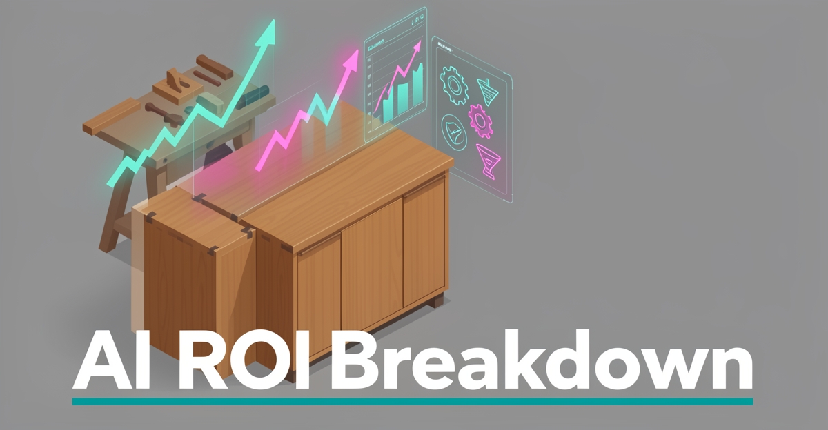 Flat illustration of cabinet workshop merging with AI analytics dashboard showing ROI metrics in brand colors.