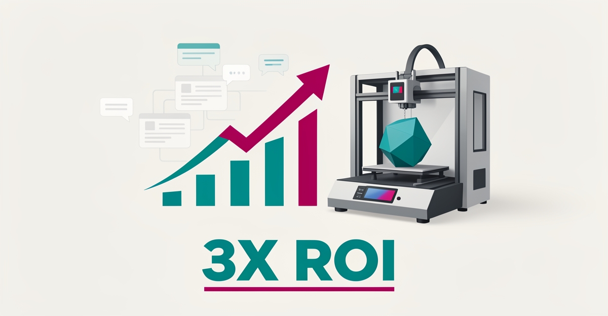 Flat illustration of a 3D printer with upward growth arrows and charts in teal and magenta, symbolizing AI-driven website ROI for 3D printing bureaus.