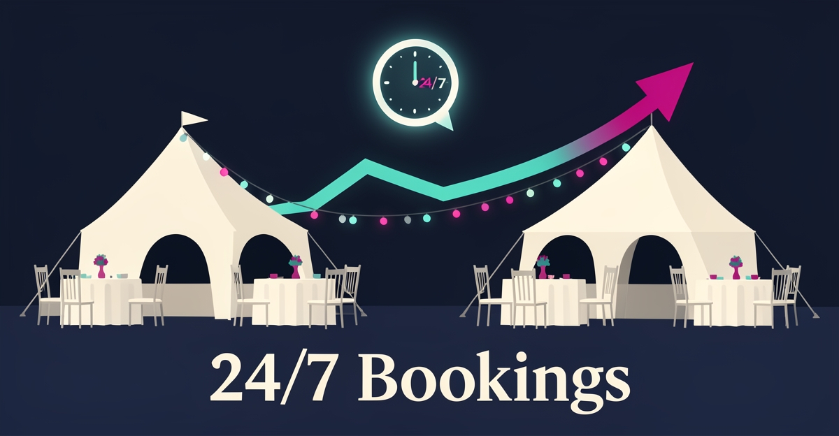 Flat illustration of a glowing event tent with clock and chat icons symbolizing AI-powered 24/7 booking for party rental businesses.