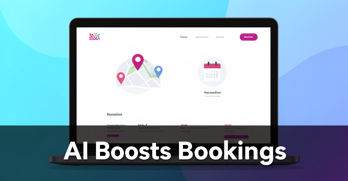 Modern flat illustration of a vacation rental website on a laptop with map and calendar icons, featuring the headline 'AI Boosts Bookings' in the lower third, using brand colors teal and magenta on a soft gradient background.
