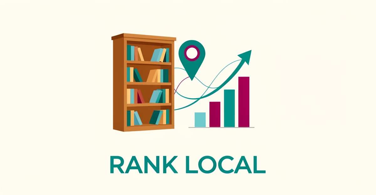 Flat illustration of a custom wooden bookshelf beside a location pin and rising ranking chart, symbolizing AI-optimized local SEO for furniture makers.