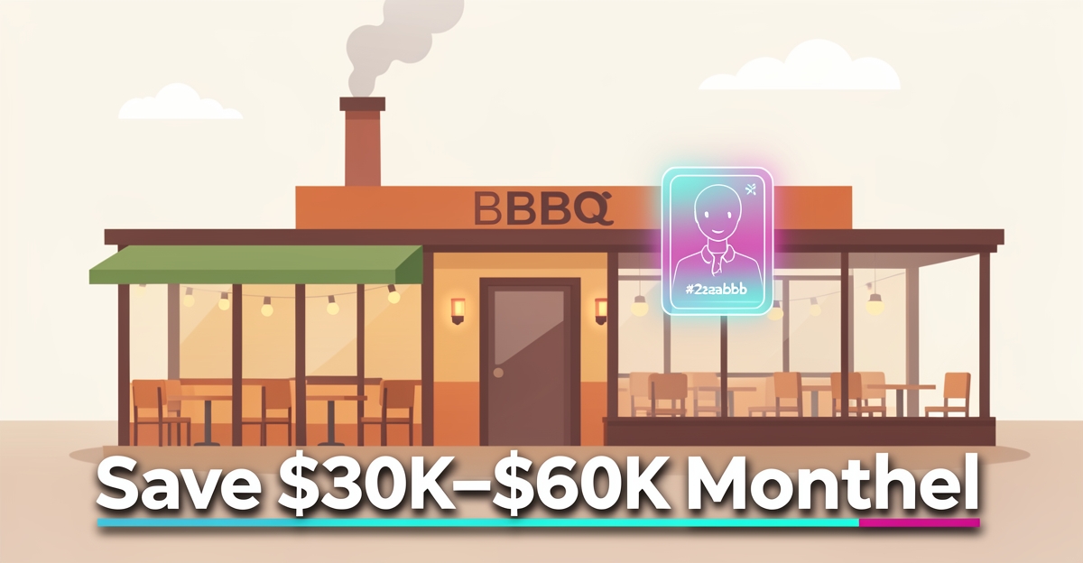 Flat illustration of a BBQ restaurant with a holographic AI assistant interface, brand colors accenting the scene, and headline text about monthly savings.