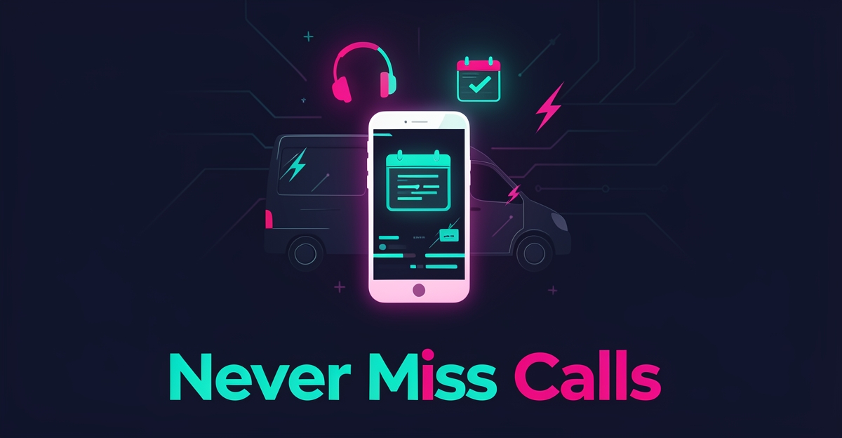 Flat illustration of a glowing smartphone with call and booking icons on an electrician's van dashboard, headline reading Never Miss Calls.