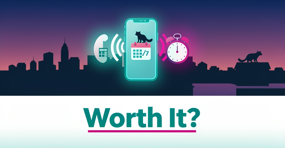Flat illustration of a raccoon on a Halifax rooftop beside a glowing 24/7 AI phone interface in teal and magenta, headlined 'Worth It?'