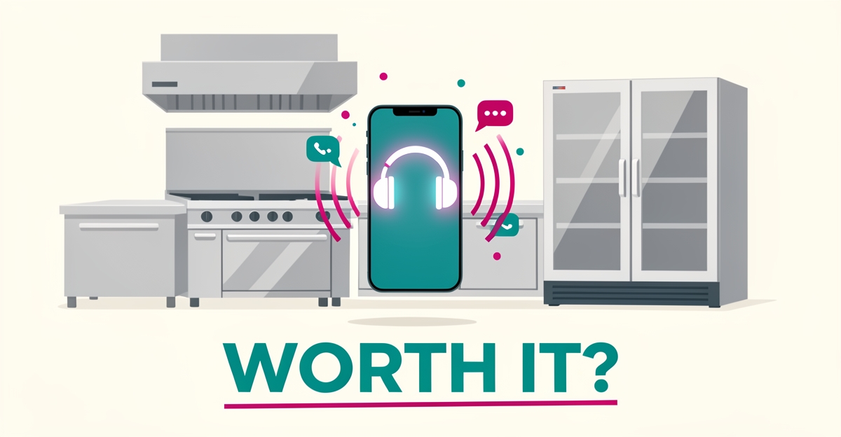 Flat illustration of a smartphone with AI headset icon answering calls beside restaurant kitchen equipment, headlined Worth It? in teal and magenta.
