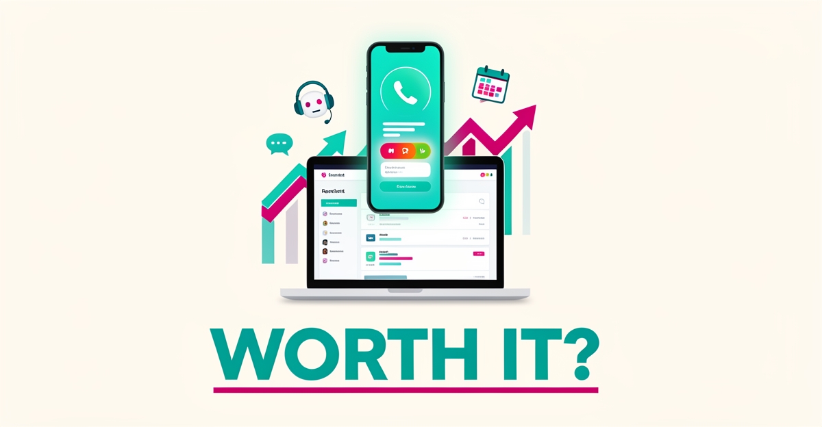 Flat illustration of a smartphone and laptop with AI call-handling icons and rising enrollment graphs in teal and magenta accents.