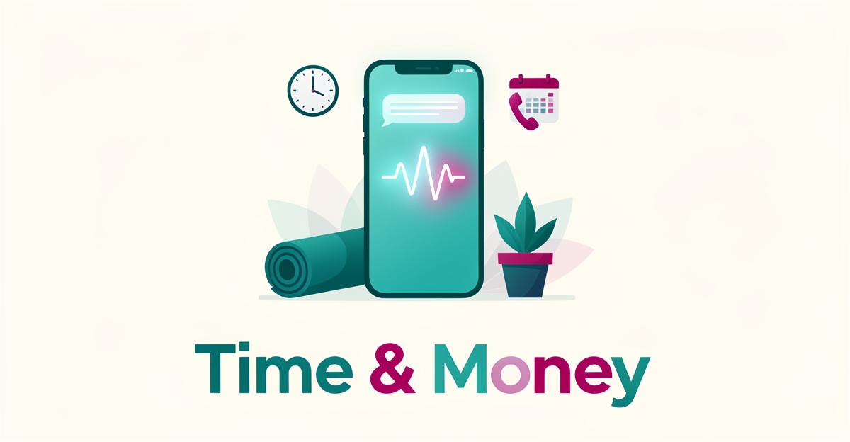 Flat illustration of a smartphone with AI voice interface beside a yoga mat, symbolizing automated receptionist savings for yoga studios.