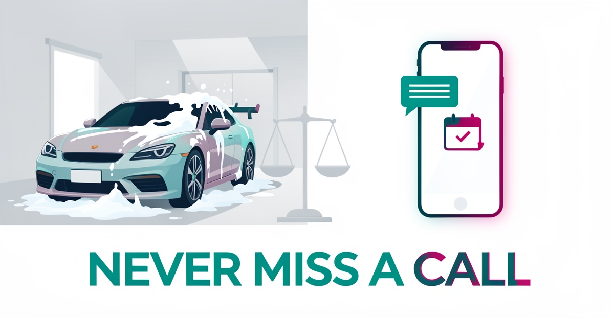 Flat illustration contrasting a car detailing bay with a smartphone booking interface, symbolizing an AI receptionist capturing every customer call.