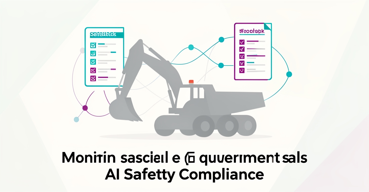 Flat illustration of mining equipment with AI safety compliance icons and digital data lines in teal and magenta accents.