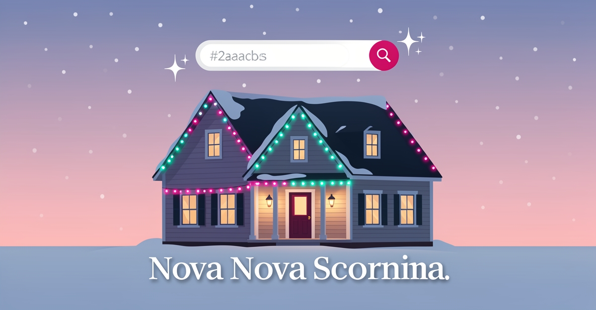 Flat illustration of a Nova Scotia home with teal and magenta holiday lights beneath an AI search sparkle motif, headlined AI-Ready Holiday Content.