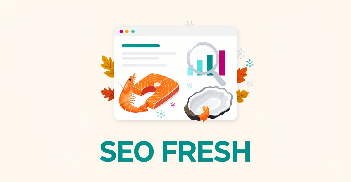 Flat illustration of fresh seafood on a stylized search results interface with rising analytics, accented in teal and magenta.