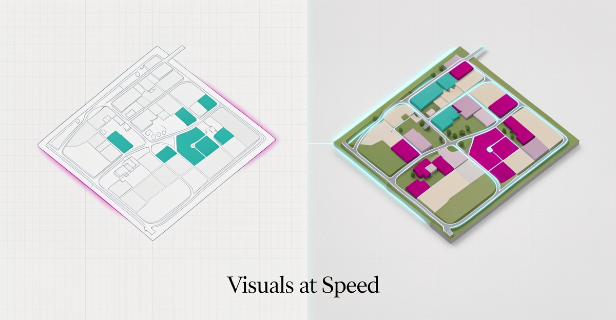 Flat illustration of a land use site plan transforming into a rendered AI masterplan visual with teal and magenta accents.