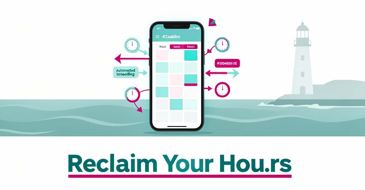Flat illustration of an AI-automated social media scheduler on a smartphone with coastal Nova Scotia elements, headline reading Reclaim Your Hours.