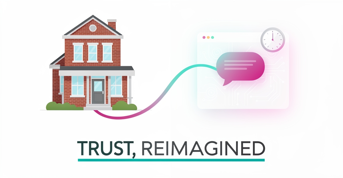Flat illustration contrasting a traditional clinic with a glowing AI chat interface connected by a teal and magenta line, headlined Trust, Reimagined.