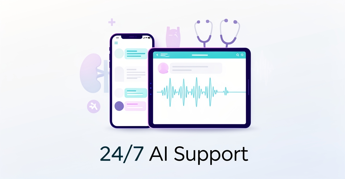 Modern flat illustration of AI voice and chat interface on devices with medical accents, representing 24/7 patient support for nephrology practices without hiring staff