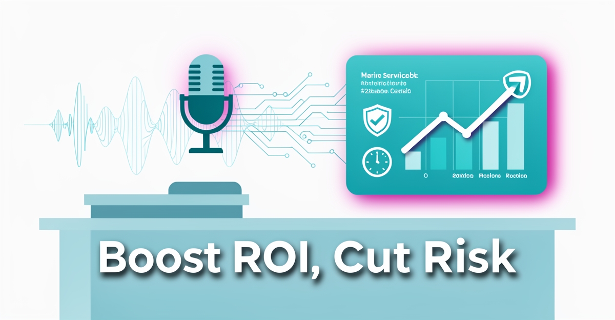 A minimalist flat illustration showing AI voice automation enhancing marine service efficiency with soundwaves, a dashboard, and risk-reduction symbols, accented in brand colors teal and magenta.