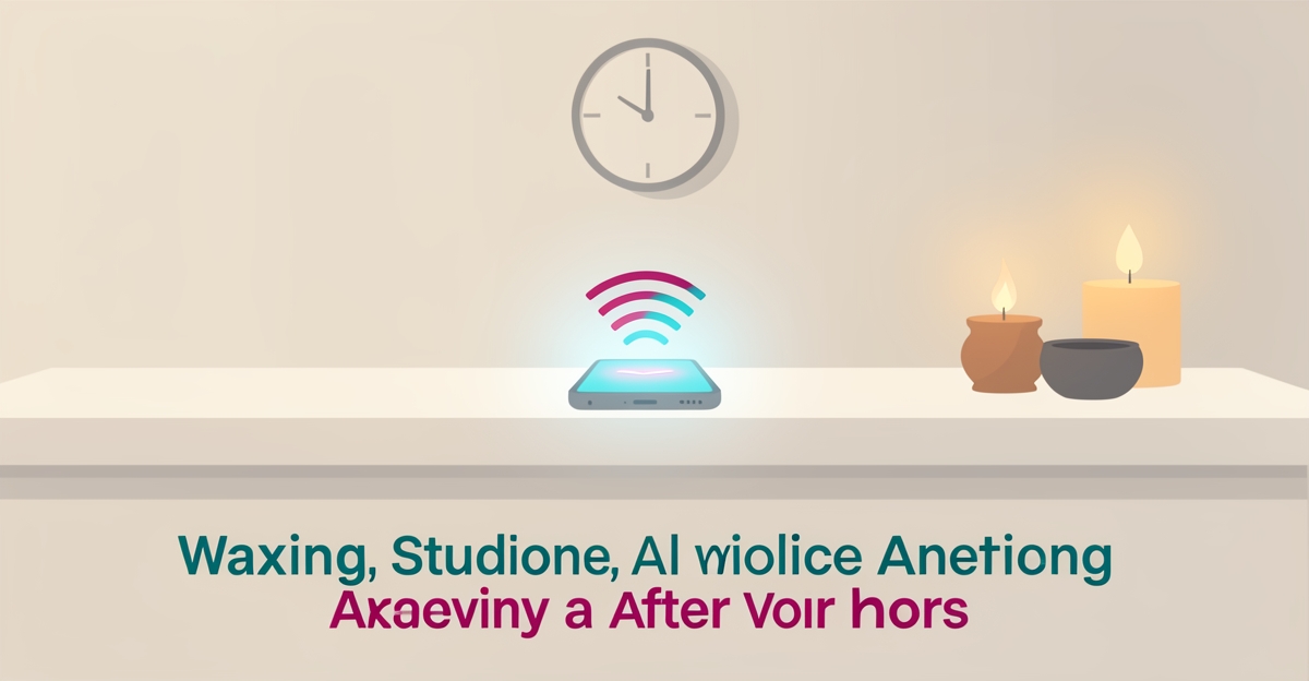Flat illustration of a waxing studio reception desk at night with a glowing phone and sound waves representing an AI voice assistant answering missed calls.
