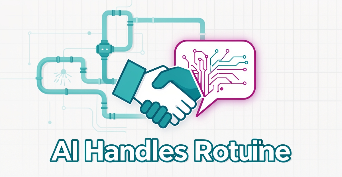 Flat illustration of irrigation system with AI circuit patterns and human-AI handshake hybrid symbol, brand colors blue and magenta, minimalist professional style