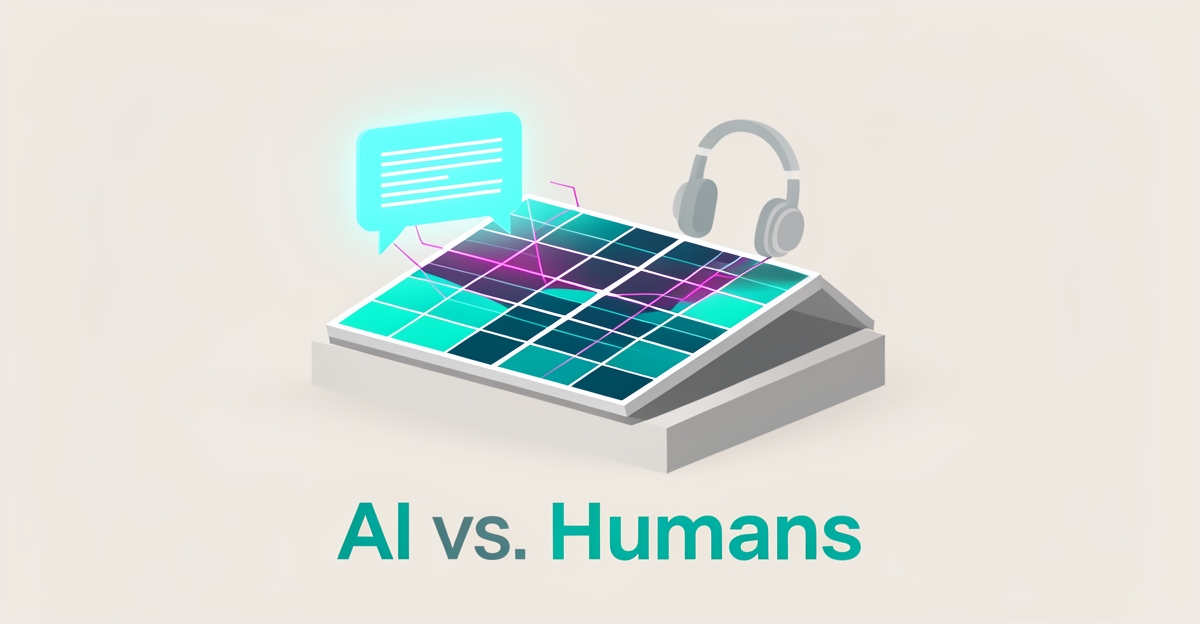 Flat illustration of a solar rooftop with chat interface and headset icons representing AI and human customer service working together.