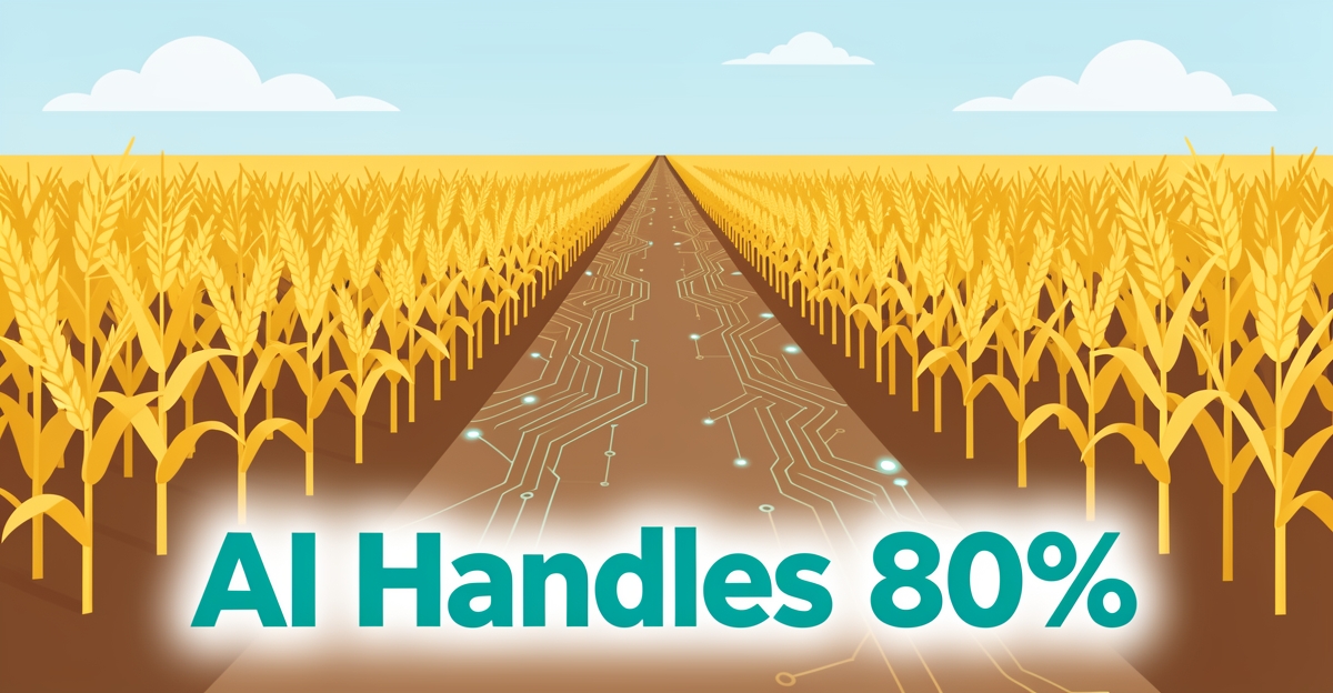 A minimalist flat illustration of a farm field with digital data overlays symbolizing AI handling routine harvest queries, featuring the headline 'AI Handles 80%' in brand colors