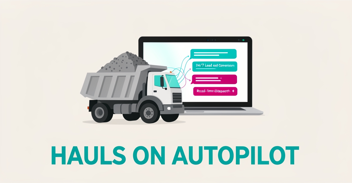 Flat illustration of a dump truck beside a laptop with an AI chat interface, representing 24/7 automated lead booking for hauling companies.