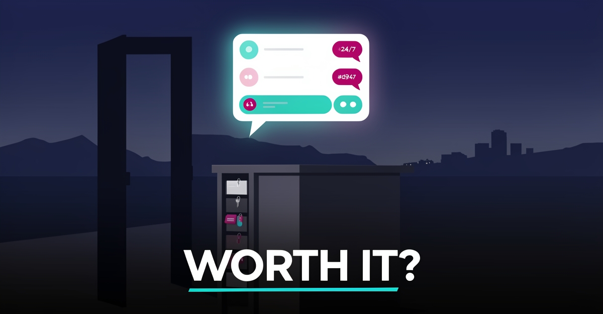 Flat illustration of a valet podium at an event venue with glowing AI chat bubbles in teal and magenta, headlined Worth It?