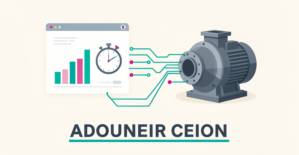 Flat illustration of an industrial pump connected by teal AI data streams to a website dashboard with rising conversion metrics and a stopwatch.