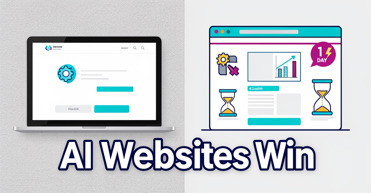 Split-screen illustration comparing AI-powered vs DIY websites for carpet cleaners, with AI side showing fast launch and instant lead response, branded accents in teal and magenta