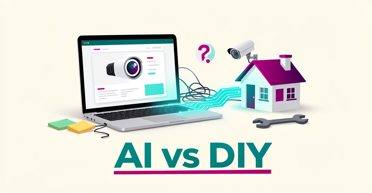 Flat illustration of a laptop showing a security camera website beside scattered DIY tools, with headline AI vs DIY in teal and magenta.