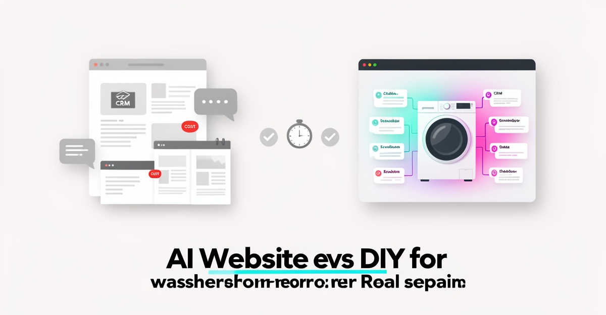 Flat illustration comparing fragmented DIY tools to a unified AI platform for washer dryer repair lead generation.
