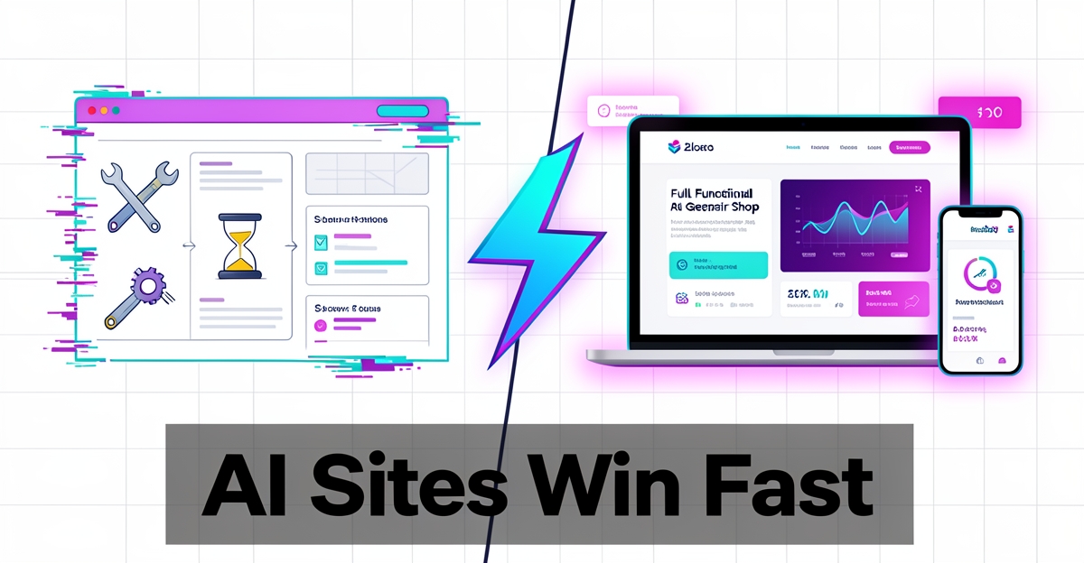 Split illustration comparing slow in-house website build vs fast AI-powered site with lead capture and SEO, using brand colors #2aabb6 and #d946ef as accents.