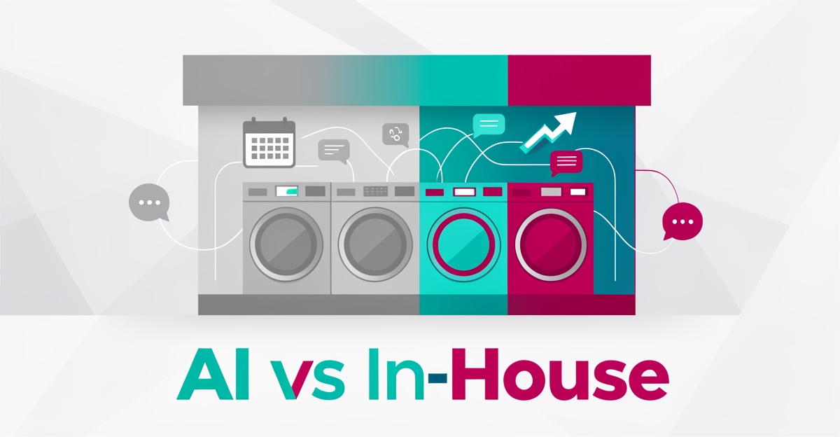 Flat illustration of a laundromat with washing machines linked to AI booking and automation icons in teal and magenta, titled AI vs In-House.
