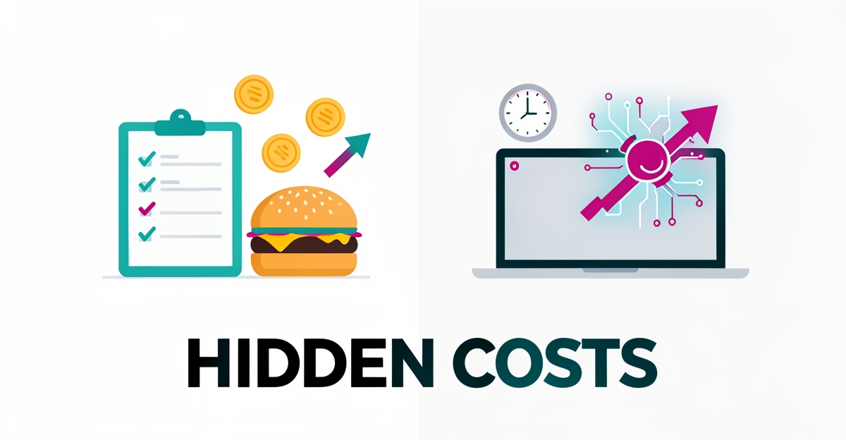 Flat illustration of a burger, laptop, clock, and rising arrow comparing hidden labor costs of AI versus in-house QSR websites.