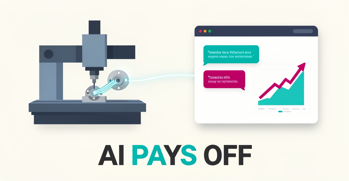 Flat illustration of a CNC milling machine connected to an AI website interface with rising ROI graph in teal and magenta.