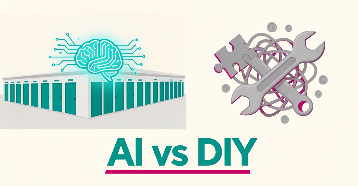 Flat illustration comparing an AI-powered website and a DIY approach for self-storage owners, with teal and magenta brand accents.
